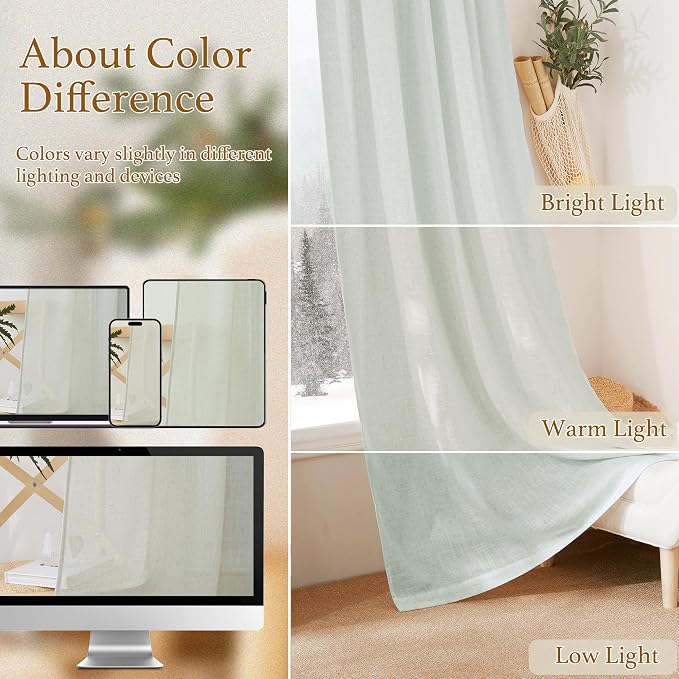 RYB HOME Linen Semi Sheer Curtains for Living Room, Light Filtering Half Privacy Window Curtains & Drapes for Bedroom, 2 Panels, Sage Green, 70" W x 84" L - Image 7