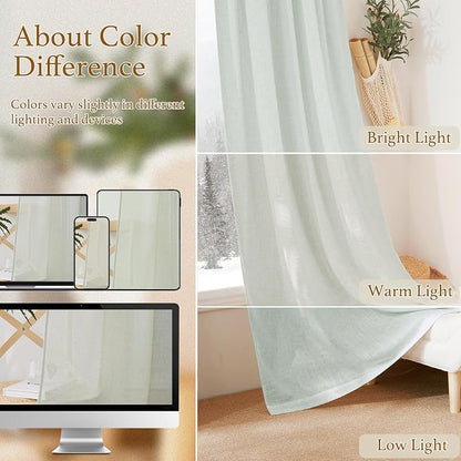 RYB HOME Linen Semi Sheer Curtains for Living Room, Light Filtering Half Privacy Window Curtains & Drapes for Bedroom, 2 Panels, Sage Green, 70" W x 84" L - Image 7