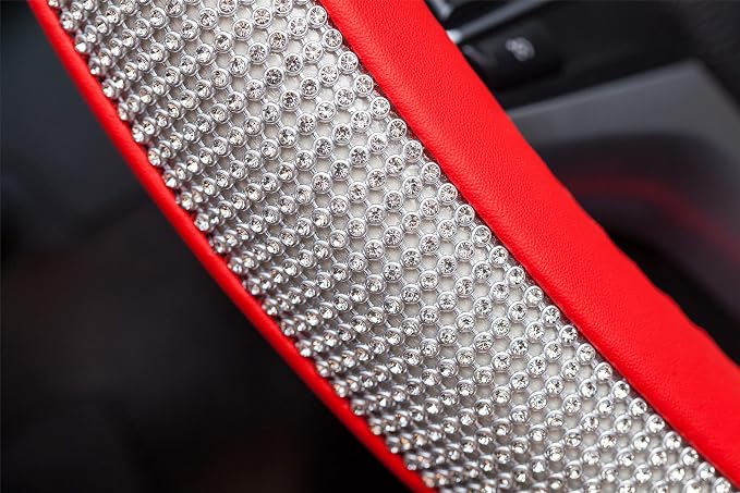 New Diamond Leather Steering Wheel Cover with Bling Crystal Rhinestones | Universal Fit 15 Inch Car Wheel Protector for Women Girls Red - Image 7