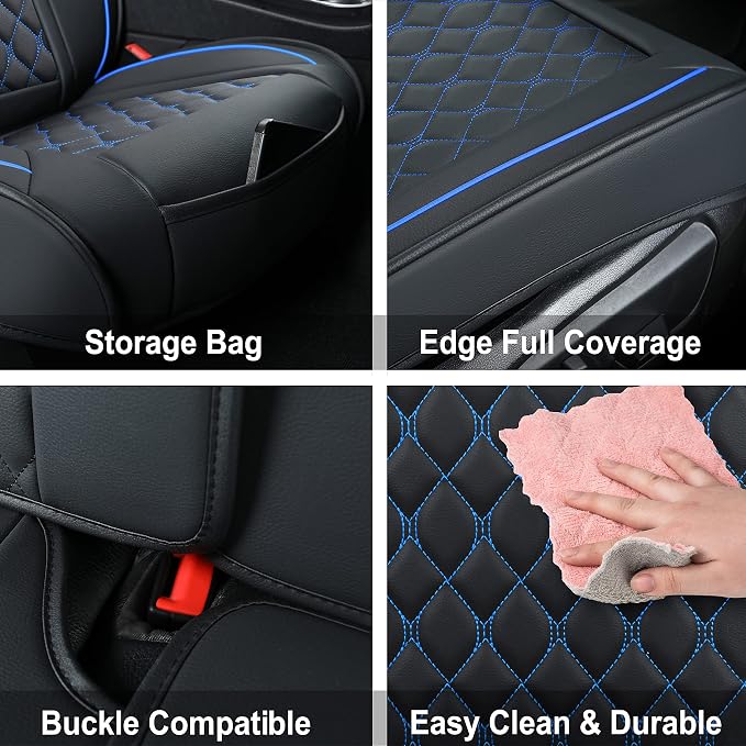 Car Seat Covers Front Pair,Universal Fit for Most Cars,SUV,Sedans and Pick-up Trucks,Automotive Faux Leather Vehicle Cushion Covers(Front Pair,Black/Blue) - Image 4