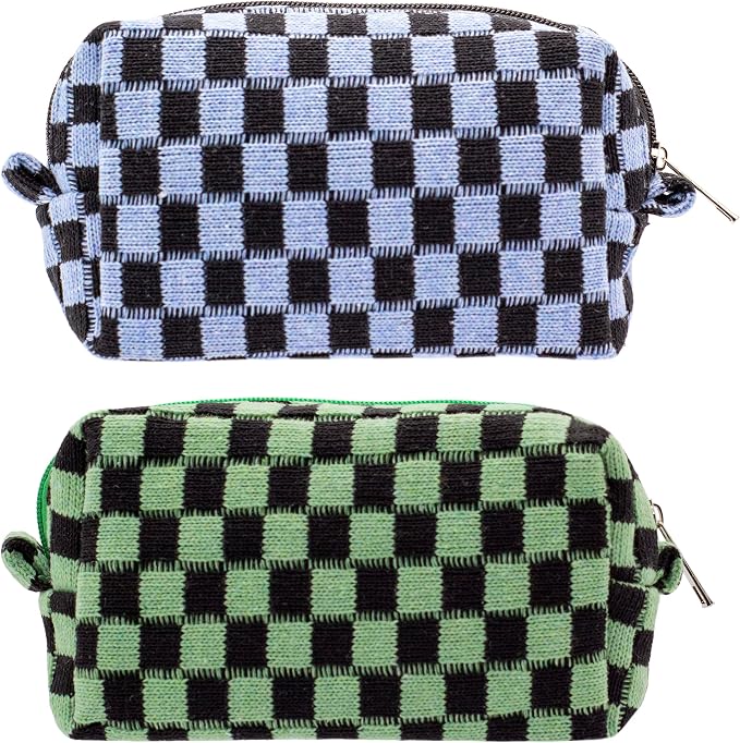 Checkered Makeup Bag for Purse, Small Cosmetic Pouch,Green Blue,2 Pack | Cute Zipper Makeup Organizer for Women, Travel Essentials, Toiletries, Makeup Brushes, Beauty Accessories&Bridesmaid Gifts by PAZIMIIK