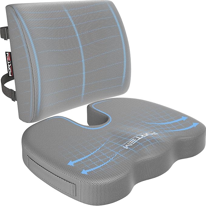 FORTEM Seat Cushion & Lumbar Support for Office Chair, Wheelchair, Car | Memory Foam | Ergonomic Design | Washable Cover | Non Slip | Grey by FORTEM