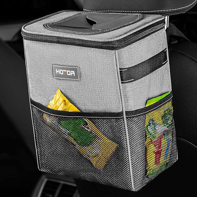 HOTOR Car Trash Can, Compact Waterproof Organizer, Leak-Proof Bin, 2-Gallon | Light Gray, Multifunctional Car Accessory with Adjustable Straps & Magnetic Snaps for Interior Car Storage by HOTOR