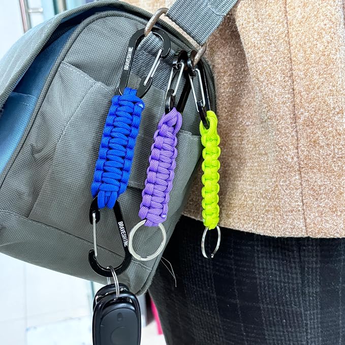 BRAVESHINE Paracord Keychain Carabiner Clip | D Ring Hanger Lanyard Hook | 7.3inch Long | for Stroller, Water Bottle, Key, Backpacks, Men, Women, Luggage, Car Seat Headrest, Fence, Bag Charms - Image 7