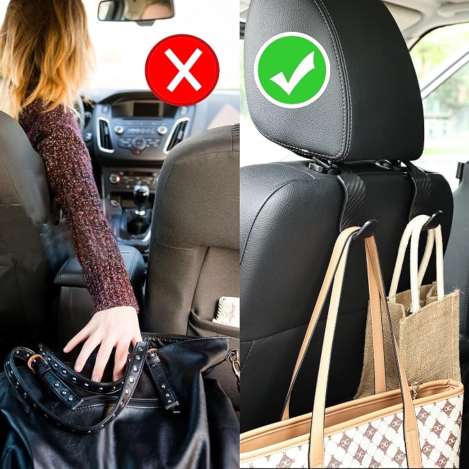 Car Seat Hooks 4 Pack - 55lb Heavy Duty Headrest Hanger, Black | Universal fit for most cars SUVs,Hang purses handbags coats umbrellas grocery bags,ABS plastic,Easy Installation - Image 7
