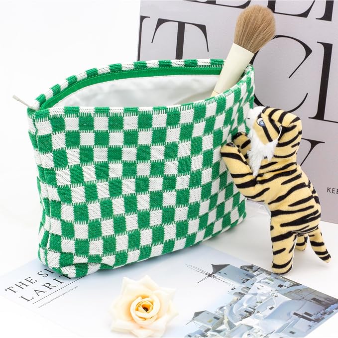 PAZIMIIK Checkered Makeup Bag for Purse, Small Flat Cosmetic Pouch,Green | Cute Zipper Makeup Organizer for Women, Travel Essentials, Toiletries, Makeup Brushes, Beauty Accessories&Bridesmaid Gifts - Image 2