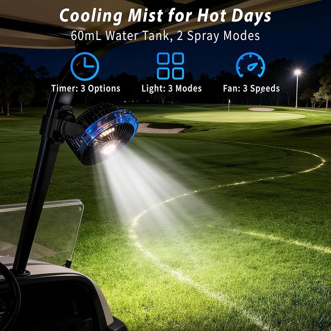 2-Pack Magnetic Golf Cart Fan with Misting & Light | Portable, for golf cart, workshop, camping & BBQ, fits Club Car, Yamaha & EZGO, gift set for golfers & DIYers - Image 7