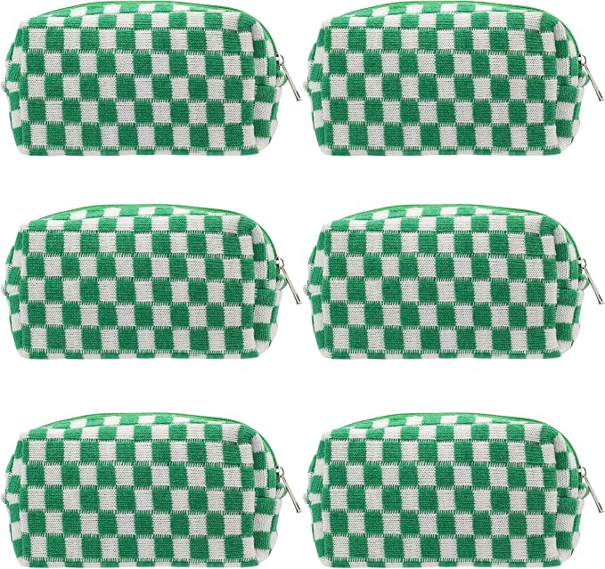 Checkered Makeup Bag for Purse, Small Travel Cosmetic Pouch,Green,6 Pack | Cute Zipper Makeup Organizer for Women, Travel Essentials, Toiletries, Makeup Brushes, Beauty Accessories&Bridesmaid Gifts by PAZIMIIK