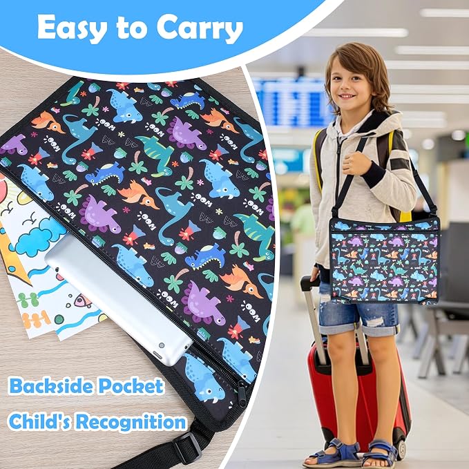 Kids Travel Tray for Carseat for Road Trip Activities, Dinosaur | Carseat Tray With 16.7" x 13.4" Smooth Dry Erase Board, Cup holders, Ddjustable Strap & Shoulder Carry Strap - Image 4