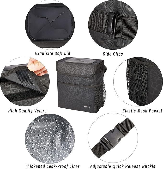 SIBOFUEGO Cute Car Trash Can with Lid – Multipurpose Collapsible Trash Bin for Car, Leak-Proof Organizer, Waterproof Garbage Can with Storage Pockets & Adjustable Straps, 2 Gallons (Black Leopard) - Image 5