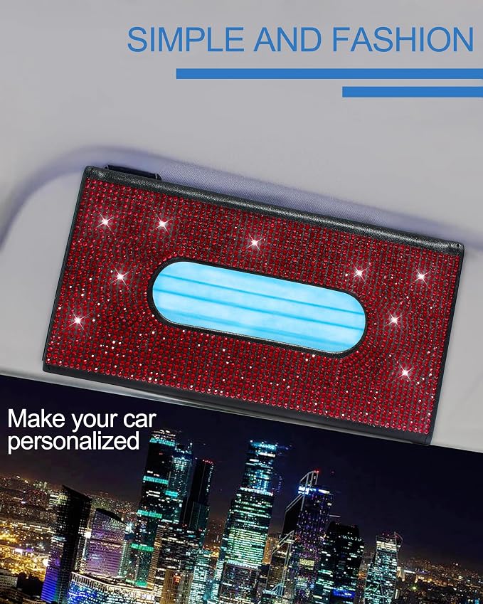 Bling Car Sun Visor Tissue Box Holder, PU Leather Car Napkin Holder, Red | Car Tissue Holder, PU Leather, with Crystal Rhinestones, Backseat Napkin Case, auto interior Accessories, for Women - Image 2