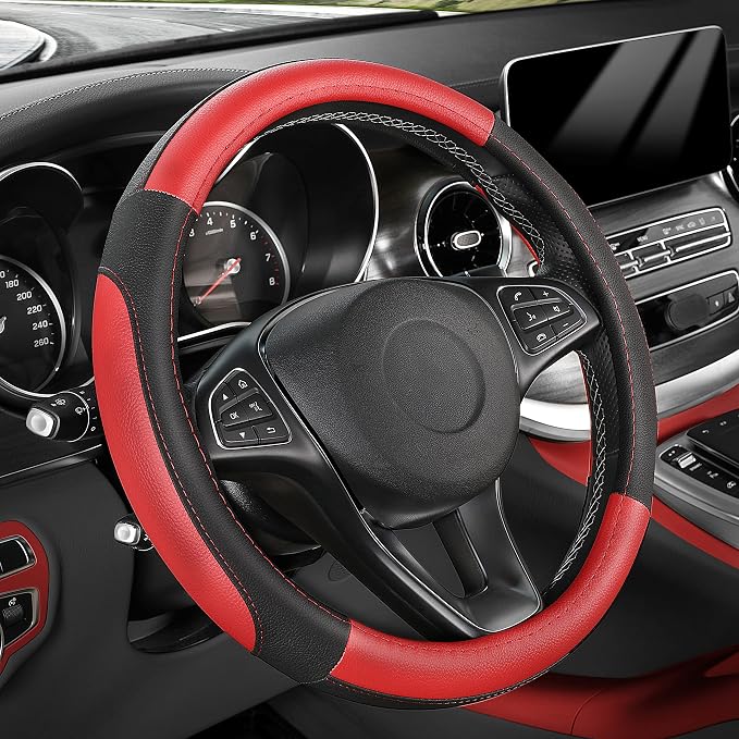 SEG Direct Car Steering Wheel Cover for Prius Civic Model 3 / Y 14"-14.25" | Small Size 35.5-36 cm for Camaro, Microfiber Leather, Anti-Slip Comfortable Grip, Auto Interior Accessories, Black and Red by SEGDirect