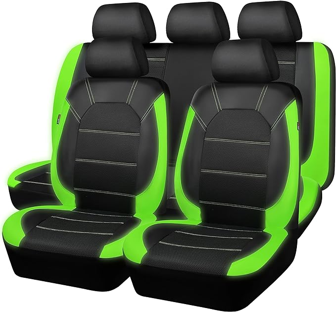 CAR PASS Luminous Green Leather seat Covers Universal Sport car seat Cover, 5mm Composite Sponge Inside, Airbag Compatible fits Most Cars, SUVs,Trucks,Vans (Full Set,Black with Green) by CARPASS