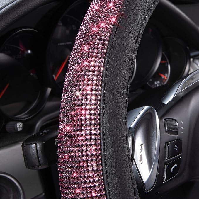 CAR PASS Bling Diamond Leather Steering Wheel Cover, Bling Sparkly Crystal Glitter Rhinestones Universal Fit 14" 1/2-15" Car Wheel Protect for Women Girl Fit Suvs,Vans,Sedans,Cars,Trucks, Pink Black - Image 3