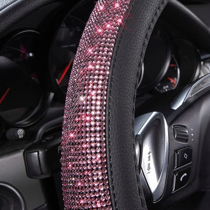 CAR PASS Bling Diamond Leather Steering Wheel Cover, Bling Sparkly Crystal Glitter Rhinestones Universal Fit 14" 1/2-15" Car Wheel Protect for Women Girl Fit Suvs,Vans,Sedans,Cars,Trucks, Pink Black - Image 3