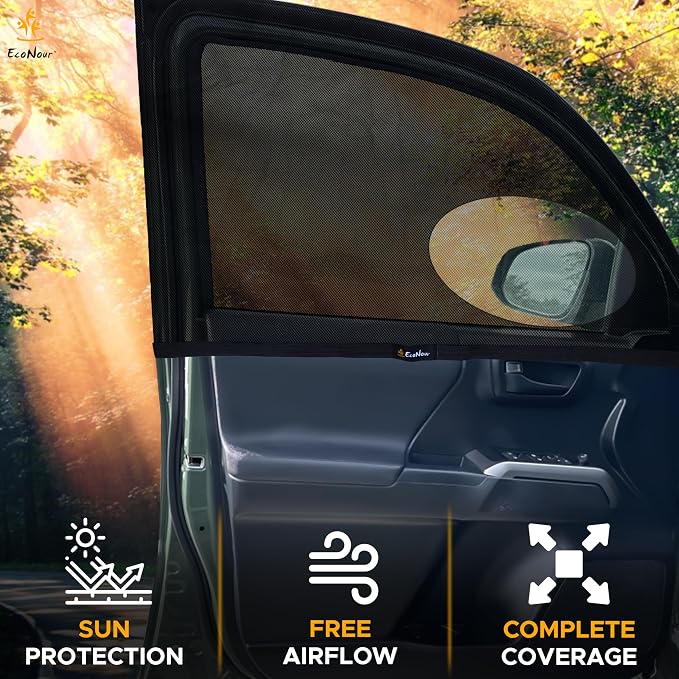 EcoNour Car Front Side Window Sun Shades Compatible for Toyota Tacoma | 2 Pack Breathable Super Stretchy Mesh Sun Shade | Heat Block UV Protection Car Window Screen Covers | Mosquito Net Curtains - Image 3