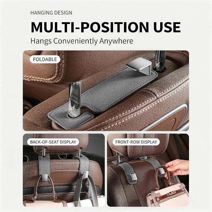Car Headrest Hook,Premium Leather Back Seat Hanger for Purse & Bags | Solid 40lb metal core,360-degree silent rotation,space-saving hidden folding,durable dual support (2, Suede Grey) - Image 2