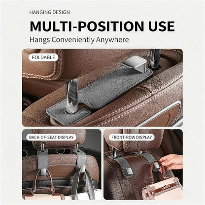 Car Headrest Hook,Premium Leather Back Seat Hanger for Purse & Bags | Solid 40lb metal core,360-degree silent rotation,space-saving hidden folding,durable dual support (2, Suede Grey) - Image 2
