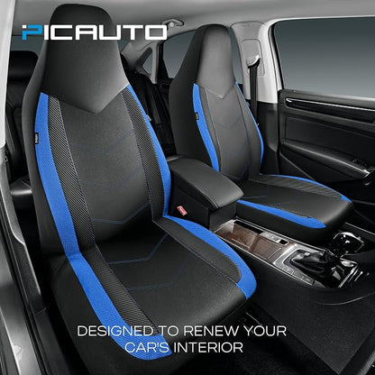 PIC AUTO Leather Car Seat Covers, Sports Carbon Fiber & Mesh Design, High-Back Two Front Set, Waterproof Automotive Seat Covers, Airbag Compatible, Universal Fit for Most Cars (Black & Blue) - Image 2