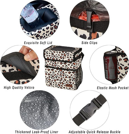 SIBOFUEGO Cute Car Trash Can with Lid – Multipurpose Collapsible Trash Bin for Car, Leak-Proof Organizer, Waterproof Garbage Can with Storage Pockets & Adjustable Straps, 2 Gallons (Leopard Print) - Image 5