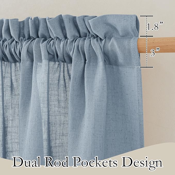 RYB HOME Flax Linen Blend Curtains for Closet Kitchen, Semi Translucent Privacy Protection Light Filtering Decorative Short Small Window Drapes for Bedroom, W 52 x L 36 inches, Dusty Blue, 2 Panels - Image 3