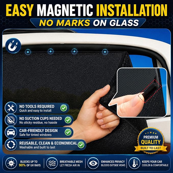 Magnetic Mesh Car Window Shades, UV Protection, 2 Pack | 90% UV Block | Breathable Mesh | Privacy with Visibility | Magnetic Installation - Image 6