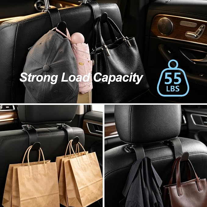Car Headrest Hooks, Universal Car Seat Back Organizer Hanger, Premium Leather & Metal Construction, Multipurpose for Handbag, Purse, Coat, Ergonomic Design, 2 Pack Black - Image 4