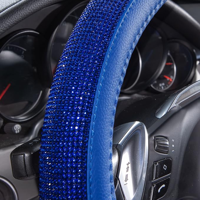 CAR PASS Bling Diamond Leather Steering Wheel Cover, with Bling Sparkly Crystal Glitter Rhinestones Universal Fit 14" 1/2-15" Car Wheel Protect for Women Girl Fit Suvs,Vans,Sedans,Cars,Trucks, Blue - Image 3