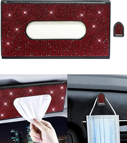 Bling Car Sun Visor Tissue Box Holder, PU Leather Car Napkin Holder, Red | Car Tissue Holder, PU Leather, with Crystal Rhinestones, Backseat Napkin Case, auto interior Accessories, for Women by Xuduvay