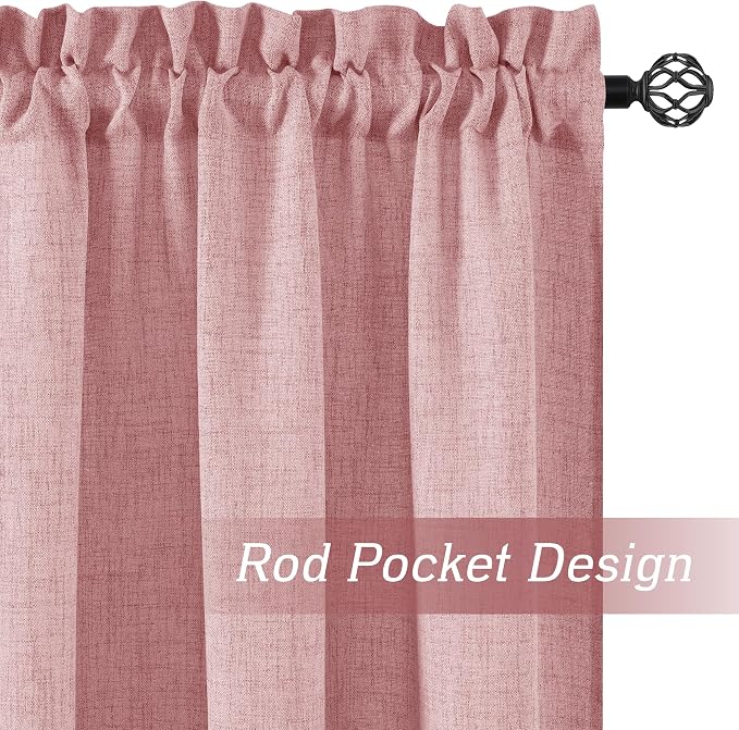 RYB HOME Linen Textured Semi Sheer Curtains 63 inches Long for Living Room | Half Privacy, Light Filtering, Faux Linen Blend, Office Nursery Laundry Dorm Bathroom, Peach Blush, 2 Panels Set - Image 3
