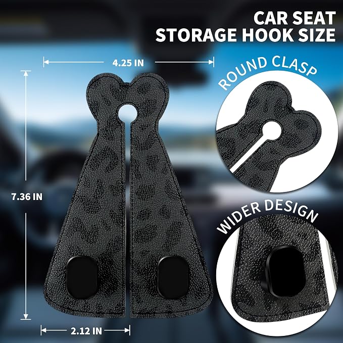 XIANGYUAN 2PCS PU Leather Car Seat Back Storage Headrest Hook,Purse Holder Bags Hanger,Women Car Accessories Organization(Black Leopard Print) - Image 3