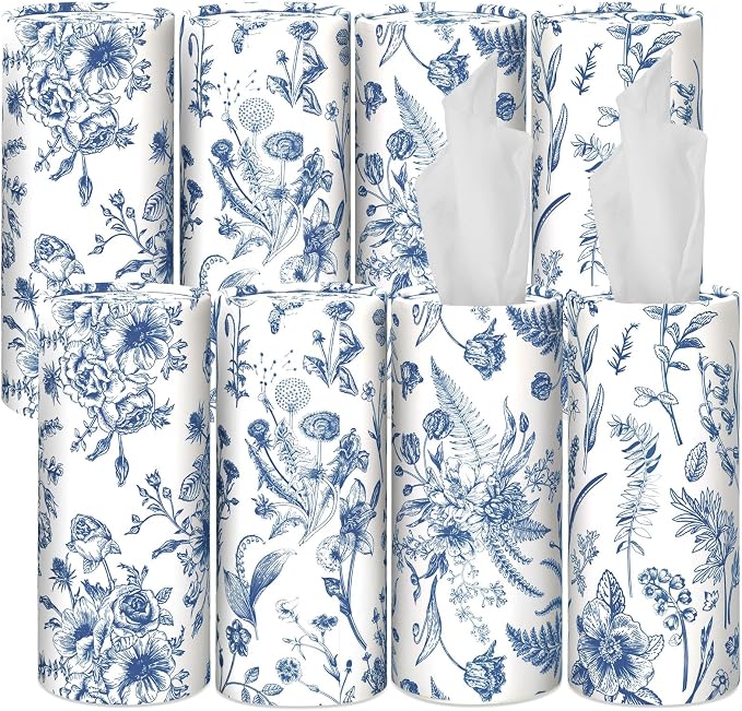 Zonon 8 Pcs Vintage Floral Round Tissues Box Car Holder with Facial Tissue Bulk Blue Flower Travel Tubes for Car with 50 Sheets Spring Cylinder Face Towel Fit for Cup Holder Round Container by Zonon