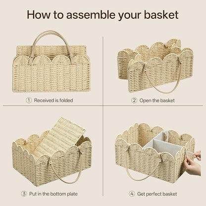Angelhood Paper Rope Diaper Caddy, Scalloped Baskets with Removable Divider | Woven Floral Baby Diaper Organizer for Changing Table,Baby Shower Gifts,Portable Car Organizer for Diapers - Image 4