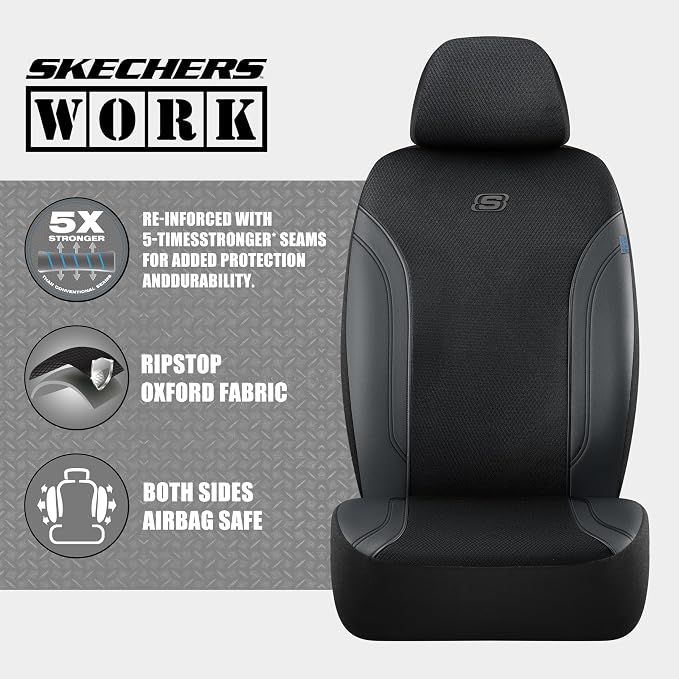 Skechers Seat Covers, Work Leather Car Seat Covers 5-Times Stronger Built-in Webbing, Oxford Fabric Front Seat Cover, Airbag Compatible, Automotive Comfort for Cars, Trucks, SUVs,Black - Image 3