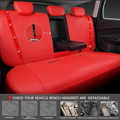 CAR PASS Bling Diamond Car Seat Covers Full Set, Shining Rhinestone Waterproof Faux Leather, Rear with Zipper, Universal Fit Automotive Glitter Crystal Sparkle Strips for Cute Women Girl, Red - Image 6