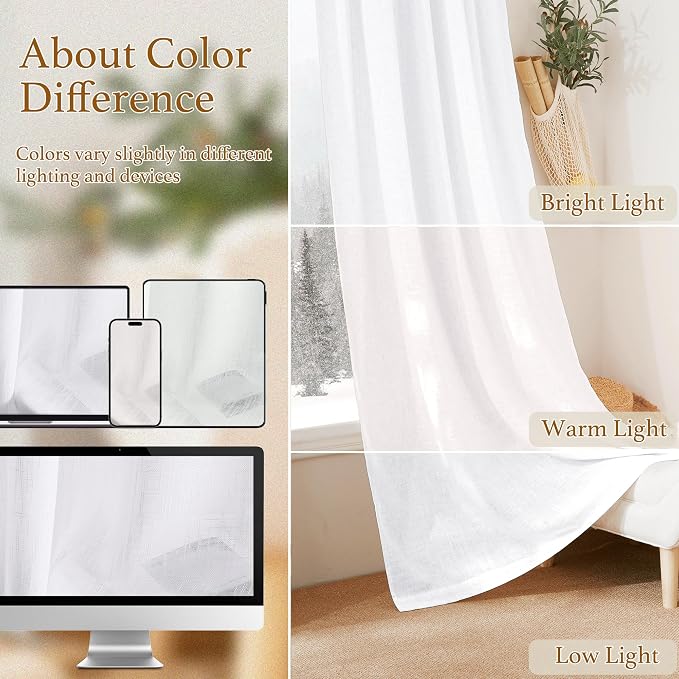 RYB HOME Solid Semi Sheer Curtains 72 inches Long for Living Room | Rod Pocket, Linen Sheer, Privacy Protect, Light Filtering Curtains, for Bedroom, White, W52 x L72, 1 Pair - Image 6