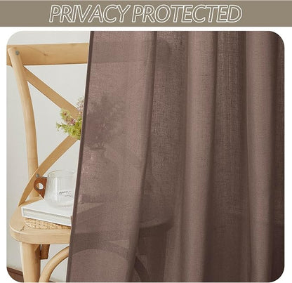 RYB HOME Linen Sheer Curtains 2 Panels for Living Room, Semi Transparent Privacy Drapes with Rod Pocket Farmhouse Style Window Treatments for Bedroom, Brown, 52" W x 102" L - Image 6