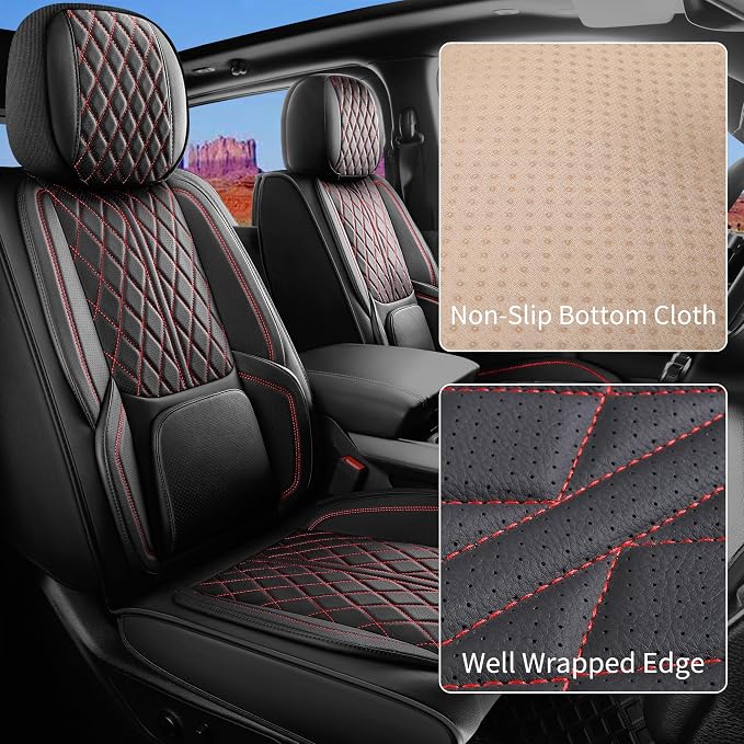 Custom Fit Chevy Silverado GMC Sierra 1500 2007-2026 2500/3500 HD Crew Cab Full Set Car Seat Covers - 5 Pack, Premium Faux Leather Truck Seat Protector with Airbag Compatible Design, BlackRedLine - Image 3