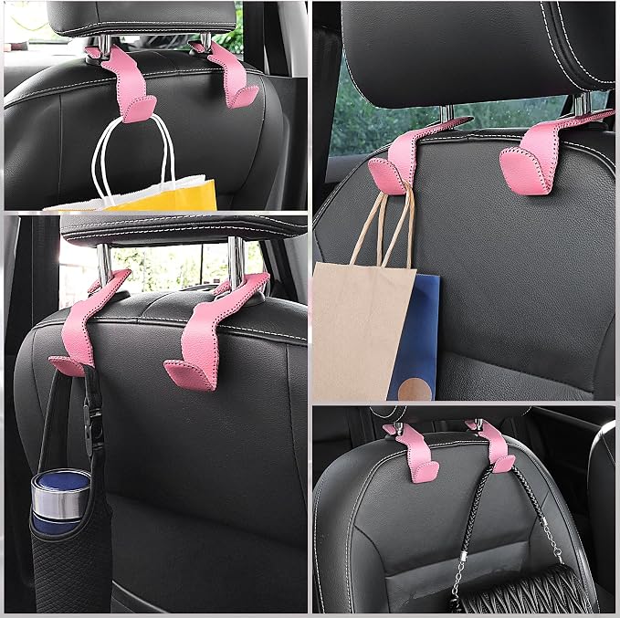 LivTee Headrest Hook for Car, Back Seat Organizer Pink Leather Hanger Holder Hook, Interior Car Accessories for Hanging Purses Bags Coats, 2 Pack - Image 6