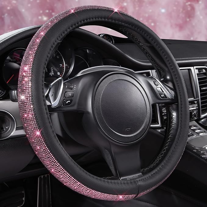 CAR PASS Bling Diamond Leather Steering Wheel Cover, Bling Sparkly Crystal Glitter Rhinestones Universal Fit 14" 1/2-15" Car Wheel Protect for Women Girl Fit Suvs,Vans,Sedans,Cars,Trucks, Pink Black by CARPASS