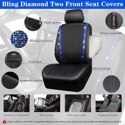 CAR PASS Leather Diamond Bling Car Seat Covers 2 Front Interior Sets, Waterproof Universal Shining Glitter Crystal Sparkle Fit for 95% Automotive Truck SUV Cute Women Girl, Black Blue Rhinestone - Image 3
