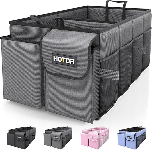 HOTOR Trunk Organizer - Foldable Car Organizer for SUVs & Sedans Storage | Sturdy Car Organization for Men & Women, Car Accessories, Tools, Sundries, Grey, 2 Compartments, 21.3" x 12.6" x 10.6" by HOTOR