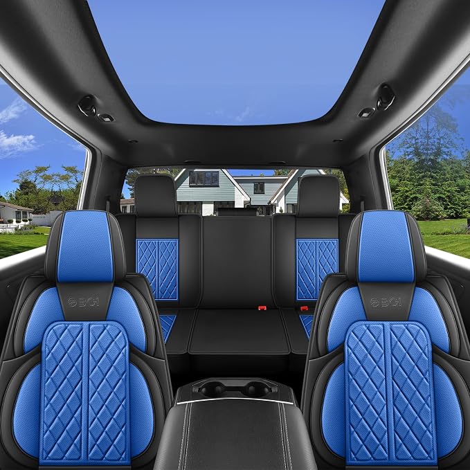 Car Seat Cover Custom Fit for Ford F150 2009-2026 Faux Leather Seat Cover Set Compatible with Regular Cab Super Cab Super Crew Pickup Truck Cushions (Black & Blue, Full Set) - Image 7