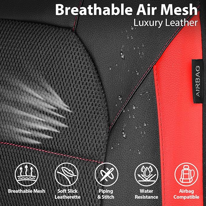 CAR PASS Universal Leather car seat Covers Sport fits Most Cars, SUVs, Trucks, and Vans (Full Set, Black Red) - Image 5