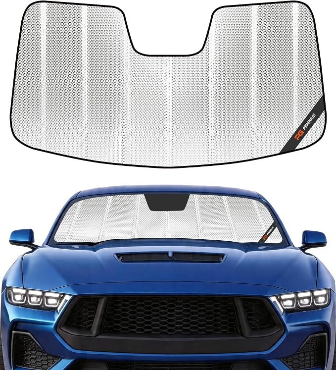 Pigenius Windshield Sun Shade for Ford Mustang 2015-2023, Custom Fit Front Window Sunshade for Models with Rearview Mirror Mounted Camera - BLAZBLOCK by Pigenius