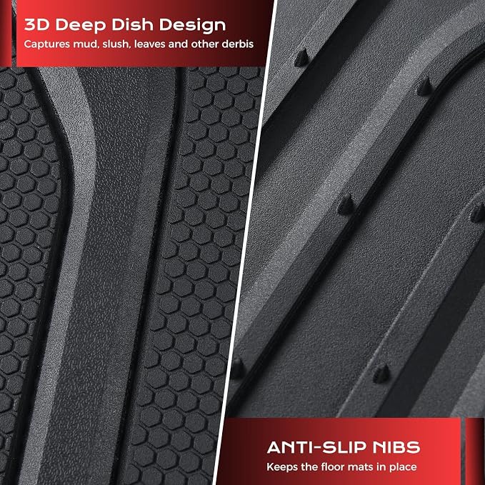 Coverado Car Mats Full Set, Car Floor Mats All Weather, Deep Dish Waterproof Floor Mat, Trim to Fit Automotive Car Mats, Universal Weather Mats for Cars SUV Trucks Sedans Vans (3Pcs,Black&Red) - Image 3