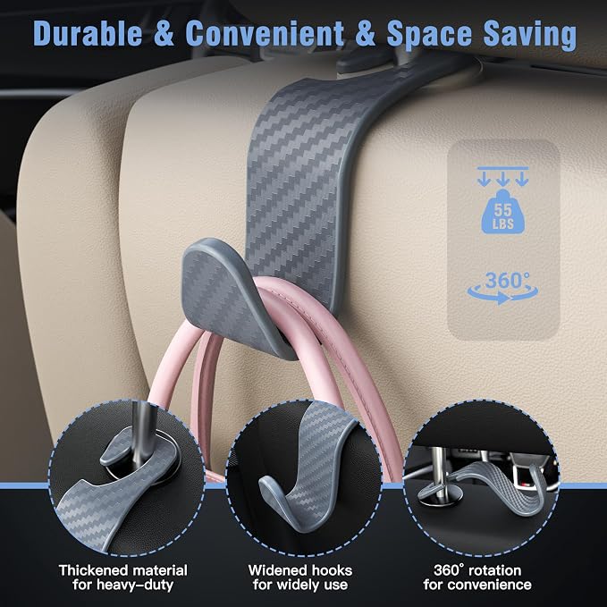 4-Pack Car Headrest Hooks Holds 55lbs Seat Storage Organizer for Bags | Durable ABS Material, 360° Rotating, Car Hanger for Backpack Umbrella Water Bottle Coat Handbags Groceries, Checkered Grey - Image 5