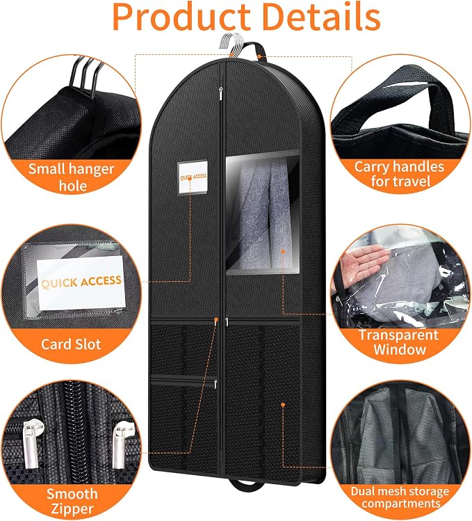 Garment Bag Travel Suit Storage: 54 Inch 3 Packs Fabric Breathable Zippered - Clothes Covers Carry Shoe Pockets Lightweight - Men Travel Wardrobe Protector Hanging Up Multiple - Image 4