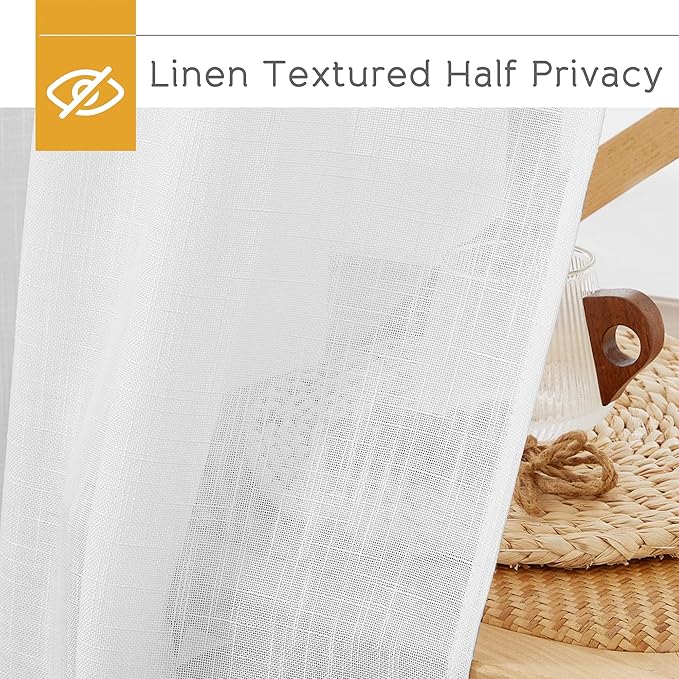 RYB HOME White Sheer Curtains 84 inches Long for Bedroom | Privacy Linen Textured Blend for Bedroom, Half Translucent, for Living Room Patio Sliding Door, White, W70 x L84, 2 Pcs - Image 4