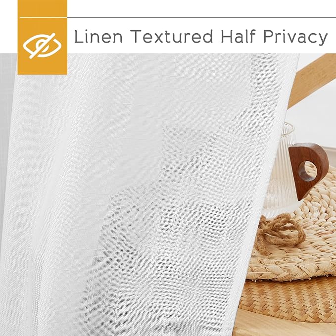 RYB HOME White Sheer Curtains 90 inches Long for Living Room | Privacy Linen Fabric, Semitransparent, Farmhouse Country, for Patio Door Bedroom Bay Window, W52 x L90, 2 Panels - Image 5